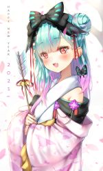 Rule 34 | 1girl, 2021, :d, absurdres, animal print, aqua hair, arrow (projectile), bare shoulders, bell, black bow, blush, bow, bug, butterfly, butterfly print, double bun, english text, falling petals, fang, flower, gradient hair, green hair, hair bow, hair bun, hair ornament, hair ribbon, highres, holding, holding arrow, hololive, huge filesize, ijac ray, insect, japanese clothes, jingle bell, kimono, long hair, looking at viewer, multicolored hair, new year, off shoulder, open mouth, petals, pink kimono, purple flower, purple hair, red eyes, red ribbon, ribbon, simple background, skin fang, sleeves past wrists, smile, solo, tree, upper body, uruha rushia, uruha rushia (new year), virtual youtuber, white background, wide sleeves