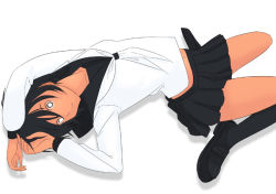 Rule 34 | 1girl, :o, arched back, arms up, black hair, bright pupils, kiriman (souldeep), kneehighs, loafers, long sleeves, lying, miniskirt, navel, neckerchief, on back, original, parted lips, pleated skirt, school uniform, serafuku, shoes, simple background, skirt, socks, solo, white background, white pupils