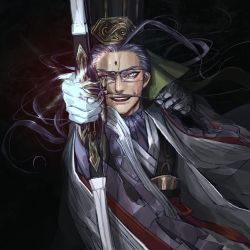 Rule 34 | 1boy, ahoge, arrow (projectile), bow (weapon), chen gong (fate), chinese clothes, chinese hat, dark skin, dark-skinned male, facial mark, fate/grand order, fate (series), forehead mark, glasses, glowing, glowing weapon, grey-framed eyewear, hat, highres, long hair, male focus, noka (noka8103), purple eyes, purple hair, smile, solo, upper body, weapon, wind