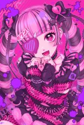 Rule 34 | 1girl, absurdres, bandages, black hair, caution tape, curly hair, eyepatch, fang, highres, long hair, looking at viewer, looking up, magical girl, multicolored hair, one eye covered, open mouth, original, pink eyes, pink hair, smile, solo, twintails, usagiboshi shizuka, yami kawaii