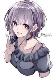 1girl :3 absurdres bang_dream! bang_dream!_it&#039;s_mygo!!!!! black_choker choker collarbone commentary_request cropped_torso dated frilled_shirt frills grey_shirt highres index_finger_raised looking_at_viewer nuruponnu open_mouth puffy_short_sleeves puffy_sleeves purple_eyes purple_hair shirt short_hair short_sleeves sidelocks simple_background solo teeth upper_body upper_teeth_only white_background yuutenji_nyamu