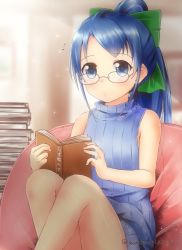 Rule 34 | 1girl, artist name, bare arms, bare legs, bare shoulders, bean bag chair, blue eyes, blue hair, blue sweater, blurry, blurry background, book, book stack, bow, commentary request, glasses, green bow, hair bow, holding, holding book, jewelry, kantai collection, knees up, light particles, long hair, looking at viewer, mae (maesanpicture), notice lines, ponytail, ring, samidare (kancolle), sidelocks, sitting, sleeveless, sleeveless sweater, solo, sweater, swept bangs, turtleneck, turtleneck sweater, very long hair