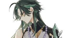 Rule 34 | 1boy, ahoge, alternate hair length, alternate hairstyle, armor, bad id, bad twitter id, bead necklace, beads, black hair, closed mouth, commentary request, eyeshadow, facial mark, forehead mark, genshin impact, green hair, highres, jewelry, long hair, makeup, male focus, multicolored hair, necklace, portrait, profile, red eyeshadow, shiraishi (siraisi00), simple background, solo, spikes, twitter username, white background, xiao (genshin impact), yellow eyes