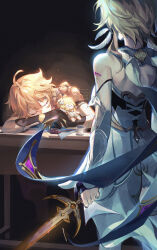 Rule 34 | 1boy, 1girl, absurdres, aether (genshin impact), ahoge, arm armor, armor, bare shoulders, blonde hair, brother and sister, detached sleeves, dress, from behind, genshin impact, gloves, hair between eyes, hair ornament, highres, holding, holding sword, holding weapon, jewelry, lumine (genshin impact), mint-tan, scarf, scissors, short hair, short hair with long locks, shoulder armor, siblings, sidelocks, sleeping, smile, spool, stuffed toy, sword, table, thread, weapon, white dress, white scarf