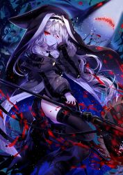 Rule 34 | 1girl, absurdres, arknights, black dress, black nails, black thighhighs, covering one eye, dress, habit, hair between eyes, highres, jewelry, light particles, long hair, looking at viewer, nail polish, nun, off shoulder, pendant, red eyes, shark, sheya, shirt, silver hair, solo, specter (arknights), thighhighs, thighs, upper body, water drop, white shirt