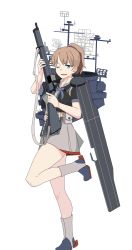 Rule 34 | 1girl, absurdres, backpack, bag, black shirt, blue eyes, bolt action, breasts, brown hair, flight deck, full body, highres, intrepid (kancolle), kantai collection, large breasts, looking at viewer, m1903 springfield, machinery, miniskirt, multicolored neckwear, neck pillow, one eye closed, ponytail, rifle, rigging, shirt, short hair, simple background, skirt, solo, wani (perfect han), white background, white skirt