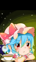 Rule 34 | 1girl, :t, bad id, bad pixiv id, berry jou, blue hair, bow, closed mouth, crossed arms, cup, dress, hat, hat bow, highres, mob cap, pink dress, pointy ears, red bow, red eyes, red ribbon, remilia scarlet, ribbon, short hair, short sleeves, simple background, solo, teacup, touhou, wrist cuffs