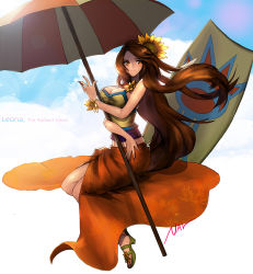 Rule 34 | 1girl, alternate costume, blue sky, breasts, brown eyes, brown hair, character name, cleavage, cloud, flower, hair flower, hair ornament, holding, holding umbrella, large breasts, league of legends, leona (league of legends), long hair, midriff, nal (nal&#039;s pudding), orange skirt, pool party leona, sandals, skirt, sky, smile, solo, sunflower, swimsuit, umbrella
