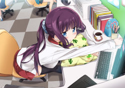 Rule 34 | 3girls, black legwear, blue eyes, blush, breasts, chair, checkered floor, commentary request, fisheye, hair ornament, hair scrunchie, highres, indoors, jitome, keyboard, large breasts, leaning forward, long hair, long sleeves, looking at viewer, mousou (mousou temporary), multiple girls, new game!, pillow, ponytail, purple hair, scrunchie, sitting, skirt, sleepy, solo focus, swivel chair, takimoto hifumi, thighhighs