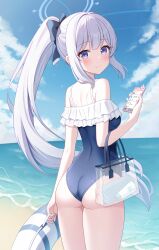 Rule 34 | 1girl, absurdres, ass, bare legs, bare shoulders, beach, blue archive, blue halo, blue one-piece swimsuit, blush, cellphone, closed mouth, cloud, cowboy shot, day, fingernails, frilled one-piece swimsuit, frills, grey hair, halo, highres, holding, holding phone, innertube, kurumi lm, long hair, looking at viewer, miyako (blue archive), miyako (swimsuit) (blue archive), ocean, official alternate costume, one-piece swimsuit, outdoors, phone, ponytail, purple eyes, sky, smartphone, smile, solo, swim ring, swimsuit