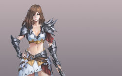Rule 34 | 1girl, armor, blue eyes, breasts, brown hair, chaosringen, cleavage, collarbone, cowboy shot, gradient background, grey background, hand on own hip, holding, large breasts, light smile, lips, looking at viewer, midriff, navel, nose, original, parted lips, pauldrons, shoulder armor, solo, sword, vambraces, weapon