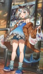 Rule 34 | 1girl, bag, blue dress, blue eyes, blue shorts, blue socks, blush, brown coat, can, coat, collarbone, dress, fins, fish hair ornament, fish tail, frilled dress, frills, full body, gawr gura, grey hair, hair ornament, highres, holding, holding bag, hololive, hololive english, low twintails, multicolored hair, ninomae ina&#039;nis, open mouth, outdoors, plastic bag, pom pom (clothes), poster (object), red bull, shark girl, shark tail, sharp teeth, short hair, short shorts, shorts, sleeveless, sleeveless dress, slippers, socks, solo, standing, streaked hair, striped clothes, striped socks, tail, takanashi kiara, teeth, tenchi mayo, twintails, virtual youtuber, watson amelia