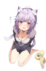 Rule 34 | 1girl, :3, absurdres, ahoge, animal ear fluff, animal ears, bare legs, barefoot, black choker, black jacket, blush, breasts, button gap, cat ears, cat girl, cat tail, choker, cleavage, collarbone, collared shirt, commentary request, drooling, eyes visible through hair, from above, full body, highres, hololive, jacket, looking at viewer, looking up, medium breasts, medium hair, nekomata okayu, nekomata okayu (oversized shirt), off shoulder, official alternate costume, open clothes, open jacket, open mouth, purple eyes, purple hair, shin no tenpii, shirt, simple background, sitting, slippers, unworn slippers, solo, tail, translated, virtual youtuber, wariza, white background, white shirt, yellow footwear