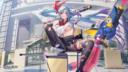 Rule 34 | 1girl, artist request, baseball bat, black footwear, black panties, black sailor collar, black skirt, blue hair, bow, breasts, closed mouth, clothes lift, colored tips, copyright notice, desk, door, echocalypse, falling petals, graffiti, hair ribbon, highres, holding, holding baseball bat, ladder, large breasts, logo, long hair, long sleeves, multicolored footwear, multicolored hair, navel, official art, on desk, panties, pantyhose, petals, pink petals, pleated skirt, pointy ears, purple hair, red bow, red eyes, red ribbon, rhaina (echocalypse), ribbon, sailor collar, second-party source, shirt lift, shoes, sitting, skirt, sneakers, solo, spiked bat, thigh strap, torn clothes, torn pantyhose, underboob, underwear, weapon