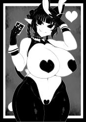 Rule 34 | 1girl, animal ears, blunt bangs, braid, breasts, cat ears, cat girl, cat tail, closed mouth, curvy, extra ears, fang, gloves, greyscale, haseru (ginku mh), heart, heart maebari, heart pasties, huge breasts, kaenbyou rin, leotard, looking at viewer, maebari, medium hair, meme attire, monochrome, multiple tails, navel, nekomata, pasties, playboy bunny, pointy ears, rabbit ears, reverse bunnysuit, reverse outfit, side braids, sidelocks, skin fang, smile, solo, tail, touhou, twin braids, two tails