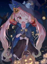 Rule 34 | 1girl, bat (animal), black gloves, blush, candy, cherry hair ornament, cloak, earrings, fang, food, food-themed hair ornament, gloves, hair ornament, halloween, hat, highres, jack-o&#039;-lantern, jack-o&#039;-lantern hair ornament, jewelry, lollipop, looking at viewer, myui (user kryg8332), night, night sky, one eye closed, open mouth, original, pink hair, red eyes, skin fang, sky, solo, swirl lollipop, twintails, witch hat
