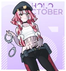 1girl absurdres colored_skin cuffs grey_hair grey_skin handcuffs hat heterochromia highres holding holding_handcuffs hololive hololive_indonesia kureiji_ollie long_hair looking_at_viewer morningpanda multicolored_hair multicolored_skin patchwork_skin pink_hair police police_hat police_uniform policewoman red_eyes red_hair solo stitched_face stitches virtual_youtuber yellow_eyes zombie