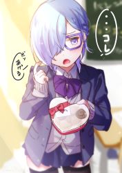 Rule 34 | 1girl, black thighhighs, blazer, blue hair, blue skirt, blurry, blurry background, blush, bow, box, braid, cardigan, collared shirt, commentary request, depth of field, gift, gift box, glasses, grey cardigan, hair over one eye, heart-shaped box, highres, holding, holding gift, indoors, jacket, kitasaya ai, long sleeves, looking away, looking to the side, open clothes, open jacket, original, pleated skirt, purple-framed eyewear, purple bow, purple eyes, purple jacket, school uniform, shirt, short hair, skirt, sleeves past wrists, solo, thighhighs, translation request, virtual youtuber, white shirt
