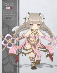 Rule 34 | 1girl, black footwear, blush stickers, braid, brown hair, chakram, dancer, dancer (final fantasy), detached sleeves, dual wielding, earrings, english text, final fantasy, final fantasy xiv, flat chest, flower, full body, hair flower, hair ornament, highres, holding, holding weapon, jewelry, lalafell, leaning forward, looking at viewer, multiple views, open mouth, pink eyes, pink sleeves, pointy ears, puluie, ring, shadow, simple background, single earring, standing, teeth, twin braids, veil, weapon, white flower