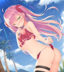 Rule 34 | 1girl, absurdres, ass, blush, breasts, embarrassed, female focus, green eyes, highres, long hair, looking at viewer, medium breasts, outdoors, pink hair, shinigami (tukiyomiikuto), solo, standing, swimsuit, undressing