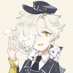 Rule 34 | 10s, 1boy, animal, animal on shoulder, black necktie, freckles, gokotai, gokotai&#039;s tigers, hair over one eye, hat, looking at viewer, male focus, military, military uniform, necktie, open mouth, simple background, solo, tiger, tiger cub, touken ranbu, uniform, upper body, white tiger, yellow eyes, zrae