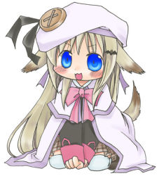 Rule 34 | 1girl, animal ears, blue eyes, bow, buttons, cape, dog ears, dog tail, hat, large buttons, little busters!, long hair, lowres, makiemon, noumi kudryavka, pink bow, plaid, plaid skirt, silver hair, skirt, solo, tail, thighhighs