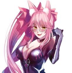 Rule 34 | 1girl, animal ear fluff, animal ears, black bodysuit, blush, bodysuit, bow, breasts, center opening, choker, cleavage, fate/grand order, fate (series), fox ears, fox girl, glasses, hair between eyes, hair bow, highres, koyanskaya (assassin) (first ascension) (fate), koyanskaya (fate), large breasts, long hair, looking at viewer, mine suto rongu, open mouth, pink bow, pink hair, ponytail, sidelocks, smile, solo, tamamo (fate), yellow eyes