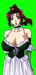 Rule 34 | 1girl, angel blade, breasts, brown hair, cleavage, dress, game cg, green background, green dress, high ponytail, huge breasts, kyoka (angel blade), lips, lipstick, long hair, looking at viewer, lowres, makeup, no bra, oobari masami, ponytail, shiny skin, simple background, solo, upper body
