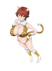 Rule 34 | 1girl, animal ears, animal print, artist request, blush, boots, breasts, green eyes, highres, hiiragi akira, kaneko hiraku, large breasts, looking at viewer, midriff, navel, red hair, simple background, solo, source request, tail, tiger ears, tiger print, valkyrie drive, valkyrie drive -mermaid-, white background