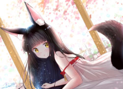Rule 34 | 1girl, animal ears, azur lane, black hair, blunt bangs, blurry, commentary request, dappled sunlight, depth of field, fox ears, fox girl, fox tail, long hair, looking at viewer, lying, m ko (maxft2), nagato (azur lane), nagato (great fox&#039;s respite) (azur lane), on stomach, pajamas, parted lips, petals, sidelocks, solo, sunlight, tail, yellow eyes