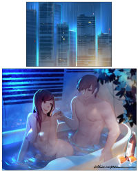 Rule 34 | 1boy, 1girl, artist name, bathing, bathtub, black eyes, bottle, breasts, brown eyes, building, city, closed mouth, collarbone, comic, completely nude, cup, dated, drink, drinking glass, hetero, highres, holding hands, hu dako, indoors, large breasts, leaning forward, long hair, looking back, mixed-sex bathing, mole, mole on breast, mole under eye, navel, night, nipples, nude, original, partially submerged, plant, potted plant, purple hair, shared bathing, silent comic, smile, swept bangs, table, water
