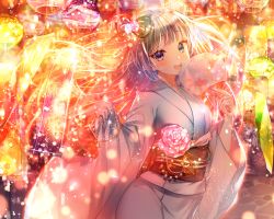 Rule 34 | 1girl, :d, blue eyes, blurry, bokeh, bow, depth of field, double bun, flower, hair bow, hand fan, highres, itofuya, japanese clothes, kimono, leti (teria saga), long hair, looking at viewer, open mouth, outdoors, paper fan, pink flower, sash, silver hair, smile, solo, standing, teria saga, uchiwa, wind chime