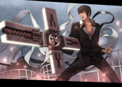 Rule 34 | 1boy, bad id, bad pixiv id, black hair, cross, fighting stance, formal, frown, gun, kaiseki, male focus, nicholas d. wolfwood, open collar, open mouth, railing, short hair, solo, suit, trigun, vehicle, weapon
