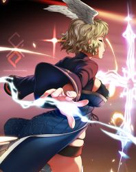 Rule 34 | 1girl, blonde hair, breasts, closed eyes, cowboy shot, feguimel, female focus, glowing, gradient background, head wings, large breasts, layered clothes, magic, original, red background, short hair, sideboob, skindentation, solo, standing, thighhighs, watermark, web address, white thighhighs, wings