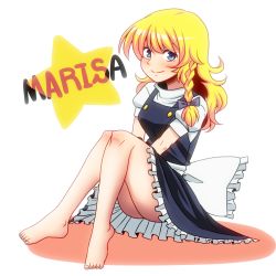 Rule 34 | 1girl, amazon (taitaitaira), apron, ass, barefoot, black bow, black dress, blonde hair, blue eyes, blush, bow, braid, breasts, character name, dress, feet, female focus, frilled dress, frills, full body, hair bow, kirisame marisa, knees together feet apart, legs, long hair, looking at viewer, puffy short sleeves, puffy sleeves, short sleeves, side braid, single braid, smile, solo, star (symbol), touhou, v arms, waist apron, white background