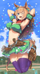 Rule 34 | 1girl, absurdres, animal ears, armband, armpits, arms behind head, arms up, bare shoulders, blue eyes, blue sky, blush, breasts, brown footwear, brown gloves, cleavage, commentary request, confetti, full body, gloves, green armband, green skirt, hat on back, highres, horse ears, horse girl, horse tail, large breasts, legs up, light brown hair, long hair, looking at viewer, midair, miniskirt, navel, one eye closed, open mouth, outdoors, ponytail, purple thighhighs, shinomu (cinomoon), skirt, sky, smile, solo, stomach, taiki shuttle (umamusume), tail, thighhighs, thighs, umamusume, v