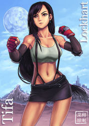 Rule 34 | 1990s (style), 1girl, belt, black hair, breasts, brown eyes, character name, cleavage, collarbone, contrapposto, detached sleeves, earrings, eyebrows, fighting stance, final fantasy, final fantasy vii, fingerless gloves, full moon, gloves, highres, jewelry, lips, long hair, low-tied long hair, midriff, moon, navel, nose, pencil skirt, retro artstyle, ryu shou, skirt, solo, standing, stomach, suspender skirt, suspenders, tifa lockhart, toned