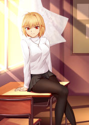 Rule 34 | 1girl, antenna hair, arcueid brunestud, black pantyhose, black skirt, blonde hair, breasts, classroom, closed mouth, commentary request, cqqz0707, curtains, desk, fingernails, hair between eyes, highres, indoors, jewelry, long sleeves, looking at viewer, medium breasts, miniskirt, necklace, on desk, pantyhose, pleated skirt, red eyes, school desk, short hair, single hair intake, sitting, on desk, skirt, smile, solo, sunlight, sweater, tsukihime, tsukihime (remake), turtleneck, turtleneck sweater, white sweater, window
