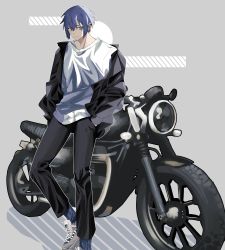 Rule 34 | 1boy, absurdres, blouse, blue hair, hands in pockets, highres, jacket, kaito (vocaloid), male focus, motor vehicle, motorcycle, shirt, simple background, smile, solo, vocaloid, white shirt, yu shu