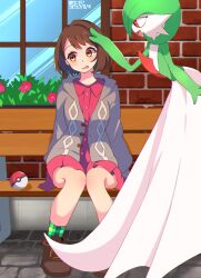 Rule 34 | 2girls, arched back, arm at side, arms at sides, artist name, averting eyes, bench, blush, brick wall, brown footwear, brown hair, bush, cardigan, collared dress, colored skin, creatures (company), dated, day, dress, female focus, flower, from side, game freak, gardevoir, gen 3 pokemon, gloria (pokemon), green skin, green socks, grey cardigan, hand on another&#039;s head, happy, head tilt, highres, knees together feet apart, leaning forward, long sleeves, looking at another, looking to the side, multicolored skin, multiple girls, nintendo, on bench, open mouth, orange eyes, outdoors, park bench, pink dress, plaid socks, poke ball, poke ball (basic), pokemon, pokemon (creature), pokemon swsh, profile, red eyes, red flower, shoes, short dress, short hair, sidelocks, signature, sitting, smile, socks, standing, straight-on, tomazi, two-tone skin, white skin, window