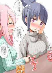 Rule 34 | 1koma, 2girls, :d, aged up, aikawa ryou, alternate breast size, aqua sweater, blue hair, blush, breast poke, breasts, closed eyes, comic, commentary request, couple, cup, drink, drinking glass, drunk, grey sweater, hair bun, highres, ice, ice cube, kagamihara nadeshiko, long hair, medium breasts, multiple girls, open mouth, pink hair, poking, profile, purple eyes, shima rin, short hair, sidelocks, simple background, single hair bun, smile, speech bubble, sweater, table, translated, turtleneck, turtleneck sweater, upper body, white background, yuri, yurucamp