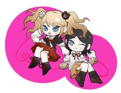 Rule 34 | 2girls, bear hair ornament, black footwear, black hair, black necktie, black shirt, blonde hair, bow, bowtie, brown gloves, brown skirt, chibi, closed mouth, cup, danganronpa: trigger happy havoc, danganronpa (series), ears, enoshima junko, eyebrows, eyelashes, gloves, hair between eyes, hair ornament, heart, highres, holding, holding cup, ikusaba mukuro, incest, multicolored background, multicolored necktie, multiple girls, bowtie, neck ribbon, necktie, one eye closed, open mouth, parted bangs, pink background, pleated skirt, red bow, red ribbon, red skirt, ribbon, shirt, siblings, sisters, skirt, tongue, twincest, twins, twintails, white background, white necktie, white shirt, yuri
