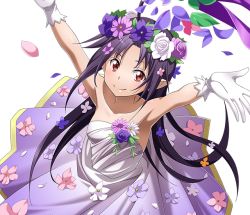 Rule 34 | 1girl, armpits, arms up, black hair, breasts, collarbone, dress, floating hair, flower, gloves, hair flower, hair ornament, head wreath, long hair, looking at viewer, pointy ears, purple flower, red eyes, sleeveless, sleeveless dress, small breasts, smile, solo, strapless, strapless dress, sword art online, transparent background, very long hair, white flower, white gloves, yuuki (sao)
