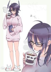 Rule 34 | 1girl, alternate costume, bespectacled, black-framed eyewear, breasts, brown eyes, coffee, coffee mug, cup, full body, glasses, highres, holding, holding cup, jewelry, kantai collection, large breasts, long sleeves, looking at viewer, looking away, mizoredama1, mug, one eye closed, purple hair, rectangular eyewear, ribbed sweater, ring, scar, scar across eye, scar on face, short hair, slippers, solo, sweater, tenryuu (kancolle), tongue, tongue out, white sweater