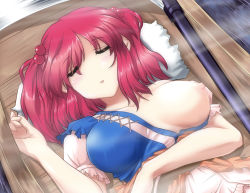 Rule 34 | 1girl, blush, boat, breast slip, breasts, closed eyes, female focus, hair bobbles, hair ornament, large breasts, nipples, no nose, nori tamago, one breast out, onozuka komachi, red hair, short hair, sleeping, solo, touhou, twintails, two side up, watercraft