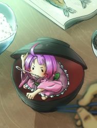 Rule 34 | 1girl, ahoge, blurry, blush stickers, bowl, chamaji, chopsticks, commentary request, depth of field, fish, highres, in bowl, in container, japanese clothes, kimono, mini person, minigirl, mouth hold, needle, plate, pov, pov hands, purple hair, rice, rice bowl, sukuna shinmyoumaru, touhou, wide sleeves