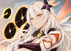Rule 34 | 1girl, absurdres, asymmetrical gloves, black gloves, close-up, closed mouth, crossed arms, crying, crying with eyes open, gloves, hair ornament, highres, honkai (series), honkai impact 3rd, kiana kaslana, kiana kaslana (herrscher of the void), long hair, mismatched gloves, smile, solo, sparks summer, tears, white hair, wings, yellow eyes