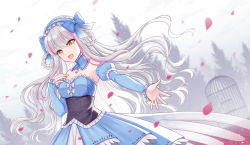 Rule 34 | 1girl, :d, bare shoulders, birdcage, blue dress, blue sleeves, blurry, blurry background, braid, braided hair rings, breasts, cage, cleavage, depth of field, detached sleeves, dress, grey hair, hair rings, hitsuki rei, juliet sleeves, long hair, long sleeves, looking at viewer, medium breasts, multicolored hair, open mouth, original, outstretched arm, petals, pink hair, pleated dress, puffy sleeves, sleeves past wrists, smile, solo, streaked hair, twin braids, very long hair, yellow eyes