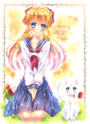Rule 34 | 1girl, absurdres, aino minako, artemis (sailor moon), between legs, bishoujo senshi sailor moon, blonde hair, blue eyes, blue sailor collar, blue skirt, blush, bow, character name, closed mouth, collarbone, collared shirt, crescent, crescent facial mark, facial mark, floating hair, full body, hair between eyes, hair bow, hand between legs, highres, long hair, long sleeves, looking to the side, miniskirt, mouth hold, neckerchief, pleated skirt, red bow, red neckerchief, sailor collar, sailor shirt, school uniform, serafuku, shirt, sitting, skirt, smile, solo, touki matsuri, very long hair, white shirt