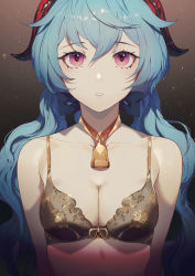 Rule 34 | 1girl, bare shoulders, bell, black bra, blue hair, bow, bra, breasts, choker, cleavage, collarbone, cowbell, dark background, ganyu (genshin impact), genshin impact, goat horns, gradient background, hair bow, highres, horns, lingerie, long hair, looking at viewer, low twintails, medium breasts, parted lips, pink eyes, red horns, salmon88, solo, twintails, underwear, upper body, wavy hair
